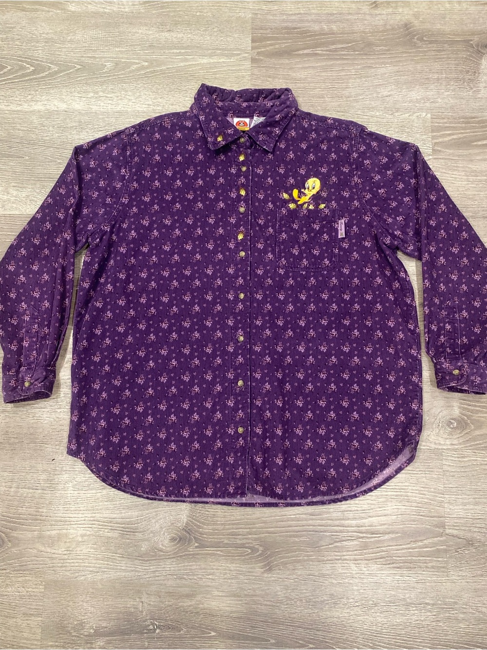 Vtg 2001 Tweety Bird Purple Floral Corduroy Button Up Shirt Plus 18W/20W